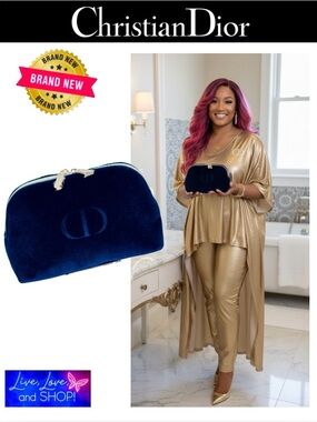 DIOR Navy Blue Velvet Makeup Pouch w/Dust Bag, NWOT